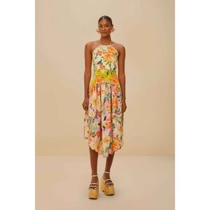 FARM Rio Cream Floral Halter Midi Dress with Yellow & Pink Accents NWT XL